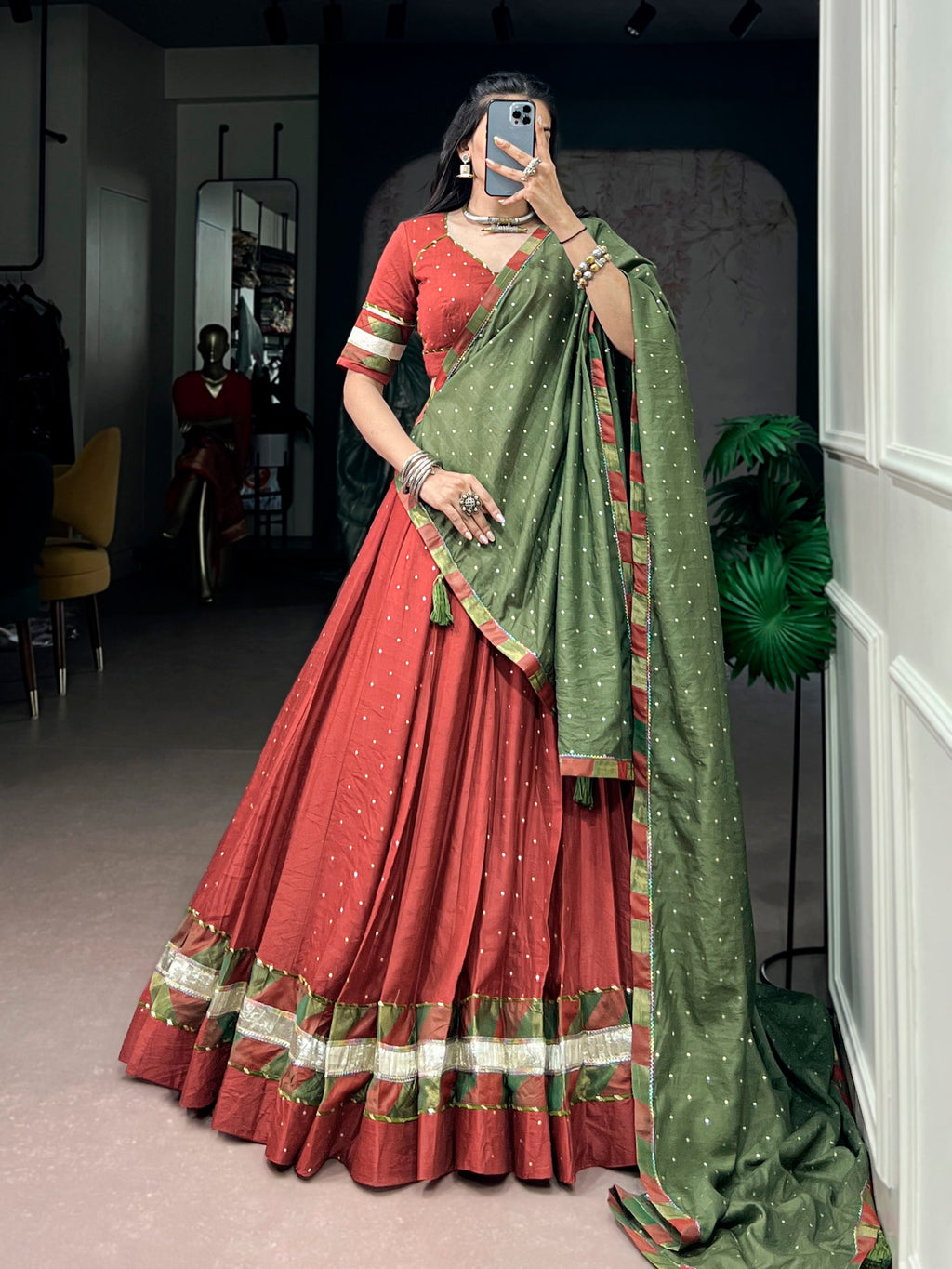 Zarisha Pure Chanderi Zari Butti Navratri Lehenga Choli with Dupatta Set