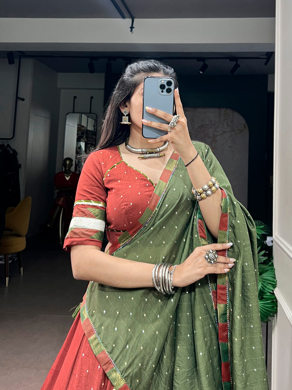 Zarisha Pure Chanderi Zari Butti Navratri Lehenga Choli with Dupatta Set