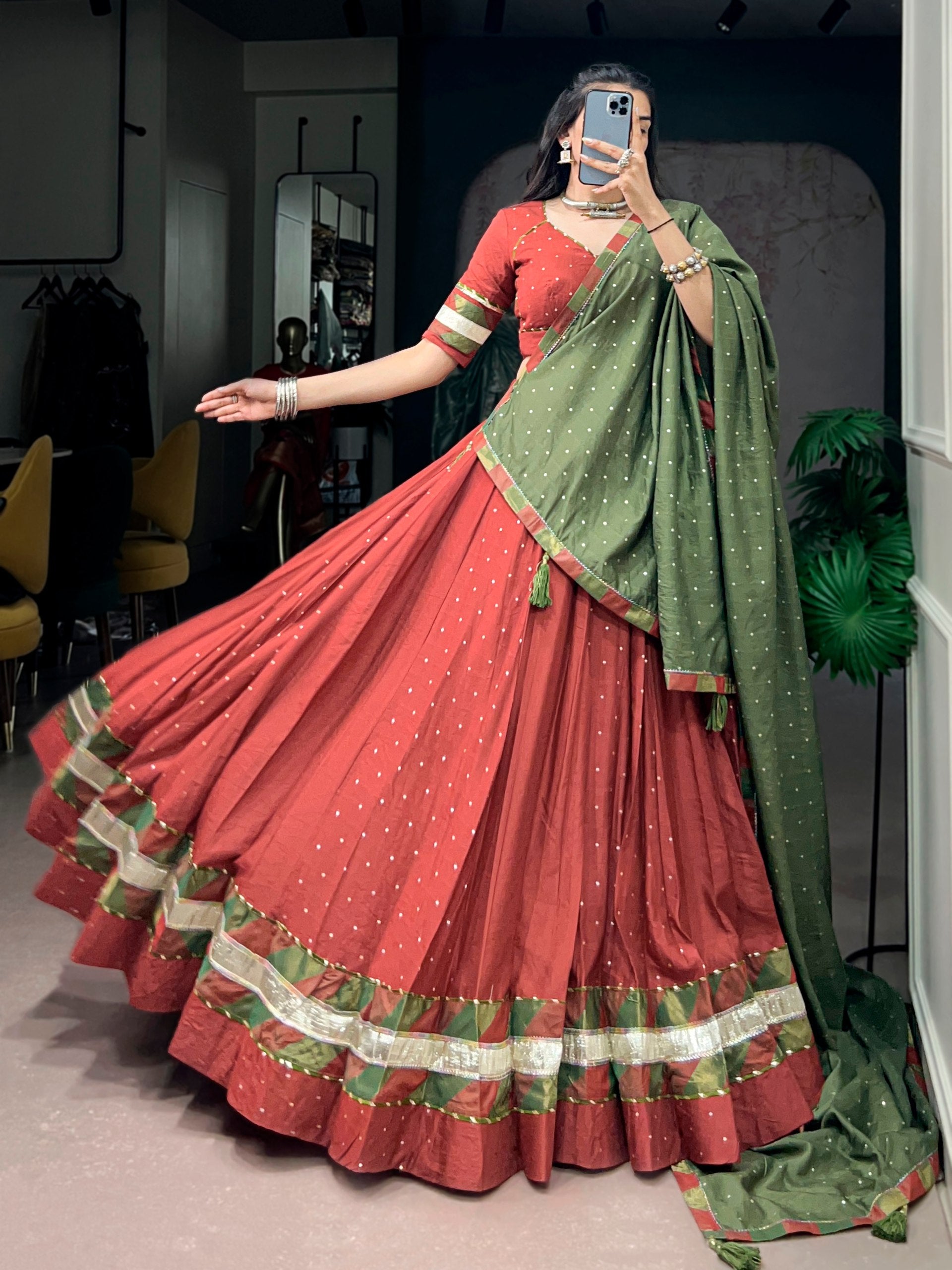 Zarisha Pure Chanderi Zari Butti Navratri Lehenga Choli with Dupatta Set
