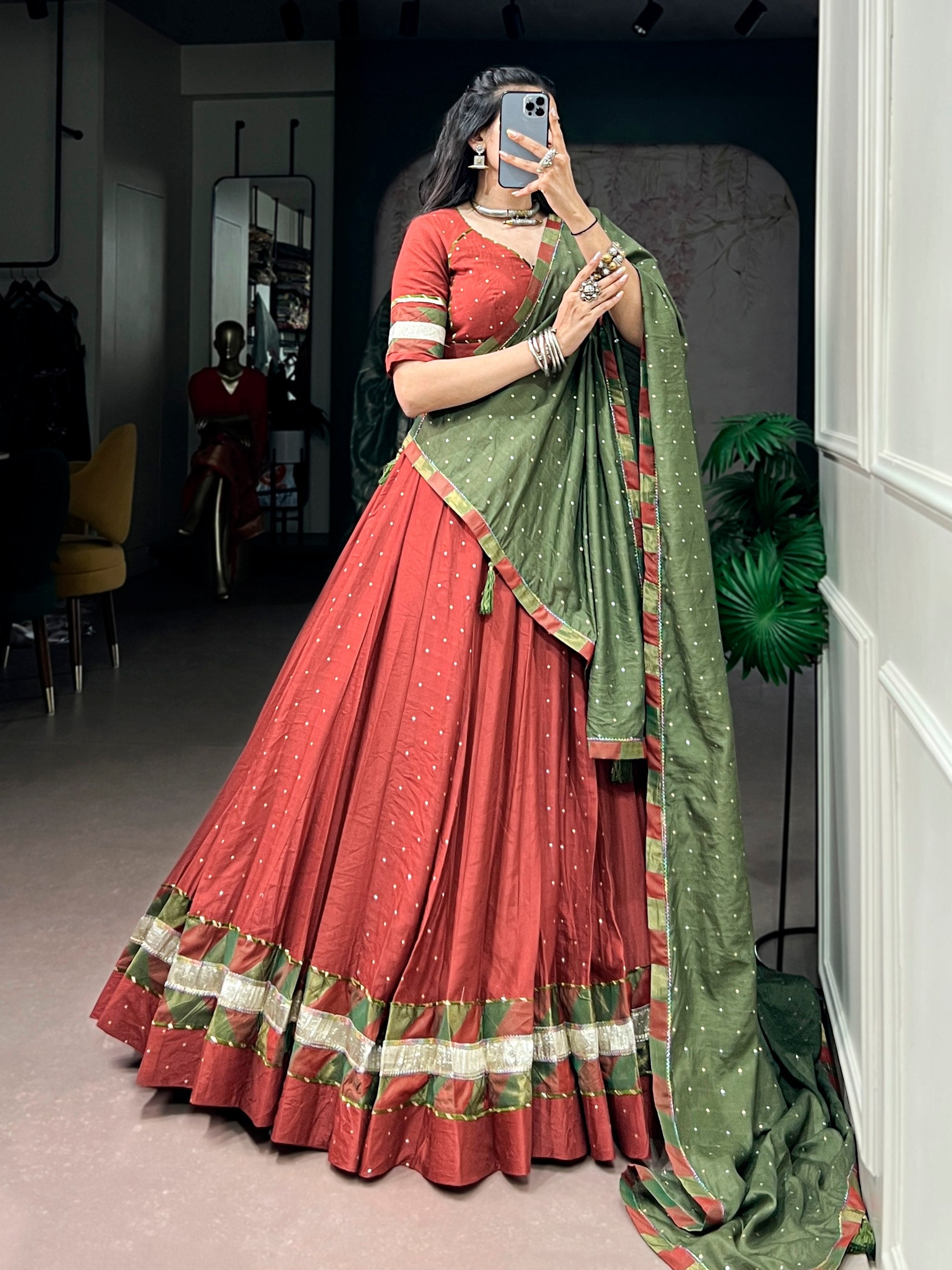 Zarisha Pure Chanderi Zari Butti Navratri Lehenga Choli with Dupatta Set