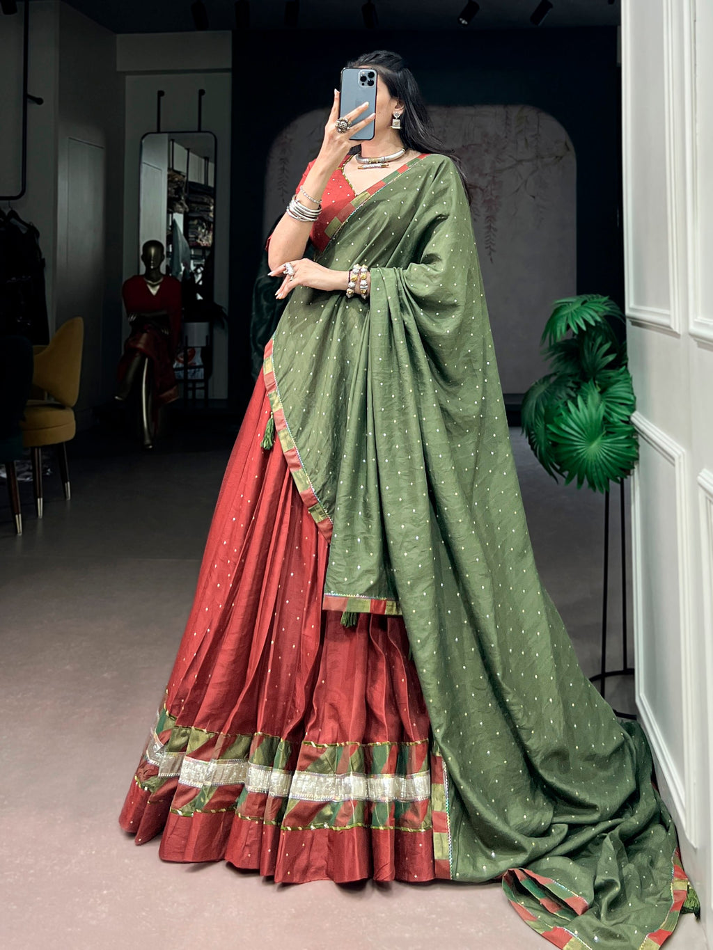 Zarisha Pure Chanderi Zari Butti Navratri Lehenga Choli with Dupatta Set