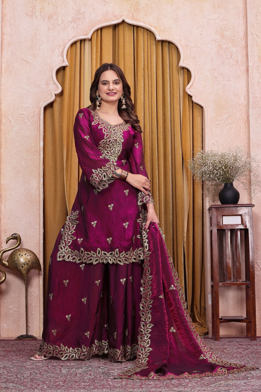 Noor Afsana Designer Fendy Silk Sequins Embroidered Sharara Suit Set with Boring Work and Matching Dupatta