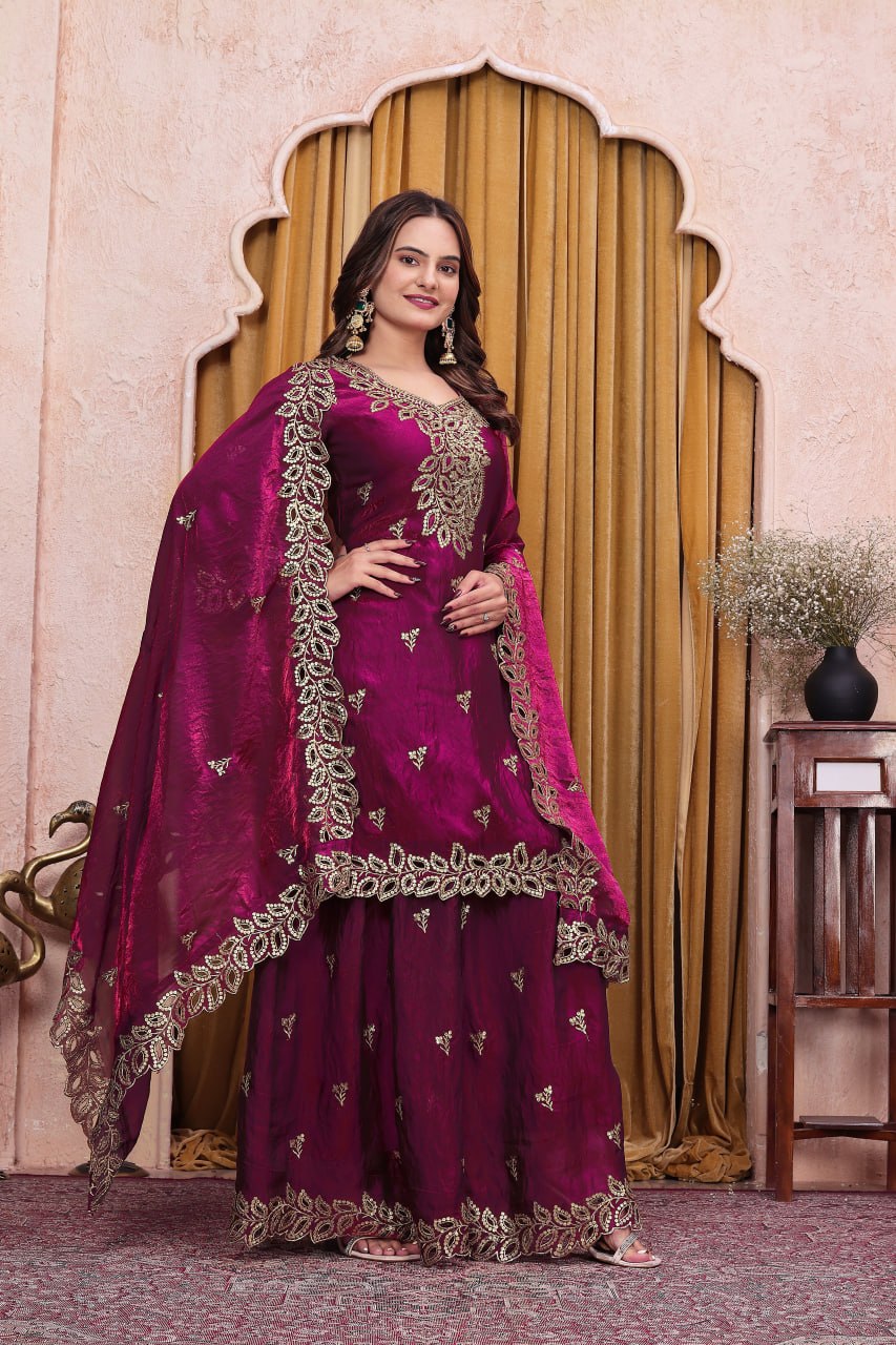 Noor Afsana Designer Fendy Silk Sequins Embroidered Sharara Suit Set with Boring Work and Matching Dupatta