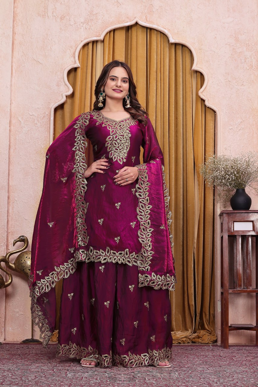 Noor Afsana Designer Fendy Silk Sequins Embroidered Sharara Suit Set with Boring Work and Matching Dupatta