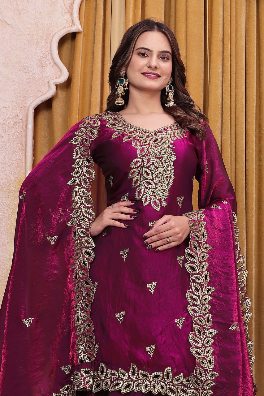 Noor Afsana Designer Fendy Silk Sequins Embroidered Sharara Suit Set with Boring Work and Matching Dupatta