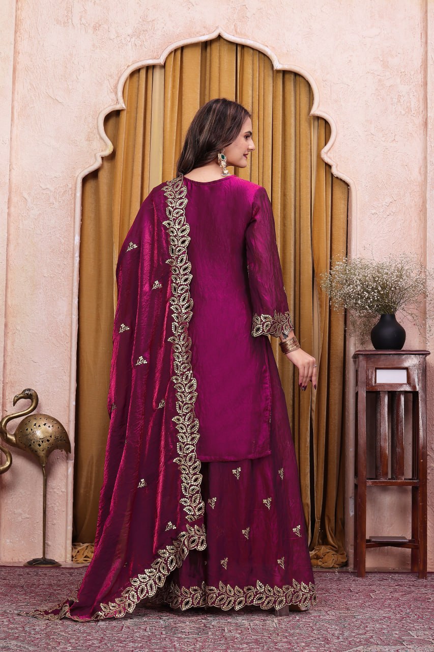Noor Afsana Designer Fendy Silk Sequins Embroidered Sharara Suit Set with Boring Work and Matching Dupatta