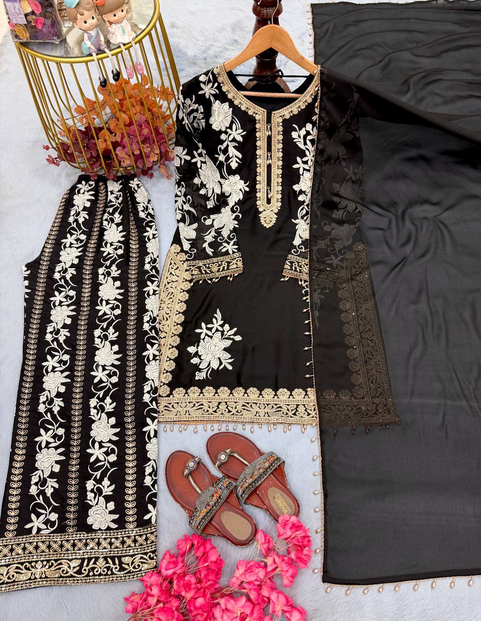 Ruhvika Star Georgette 3mm Sequins Embroidered Kurti with Palazzo & Dupatta Set