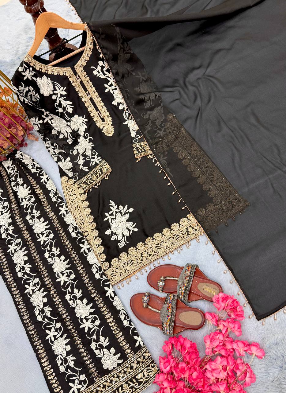 Ruhvika Star Georgette 3mm Sequins Embroidered Kurti with Palazzo & Dupatta Set