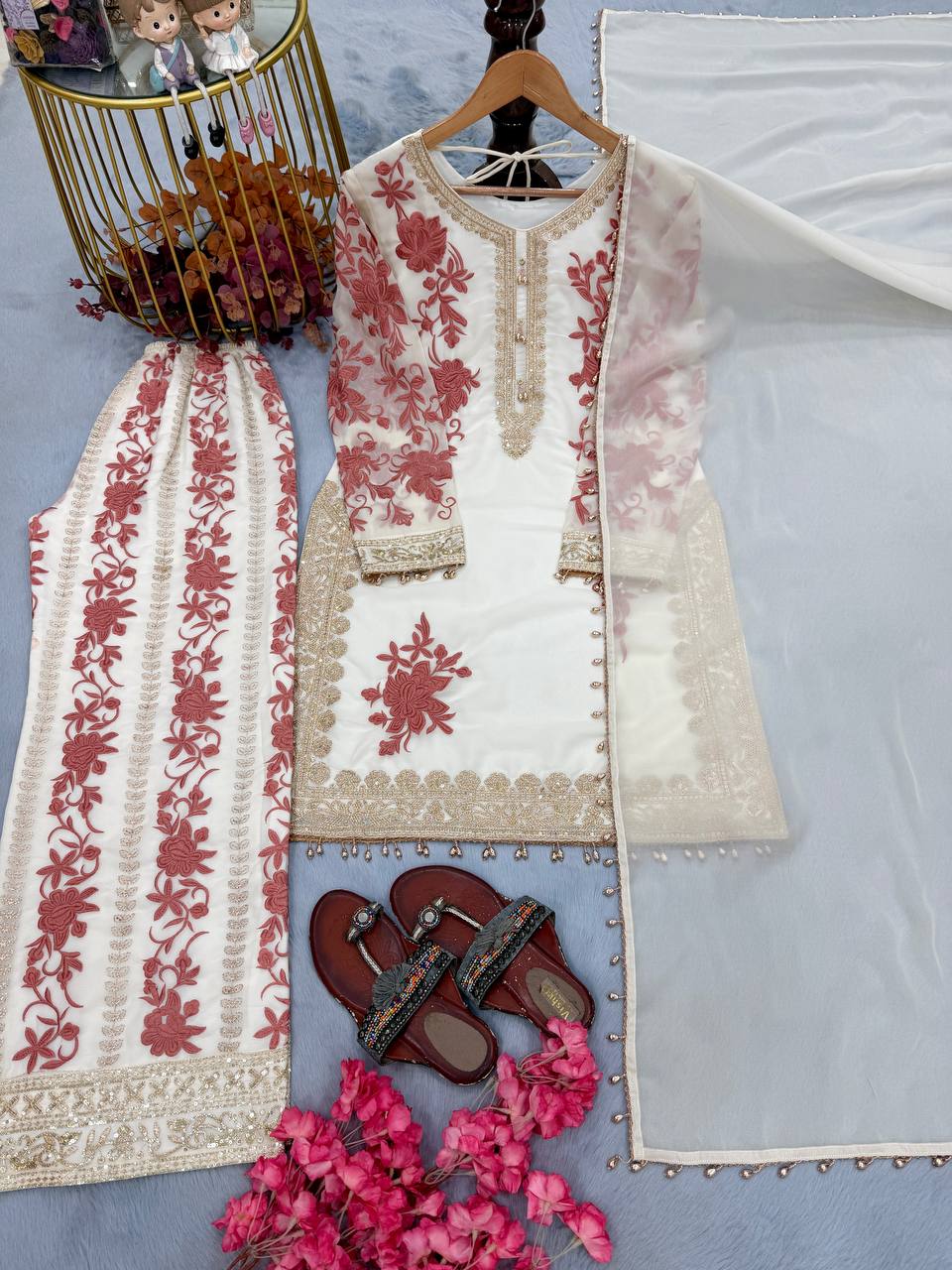 Ruhvika Star Georgette 3mm Sequins Embroidered Kurti with Palazzo & Dupatta Set
