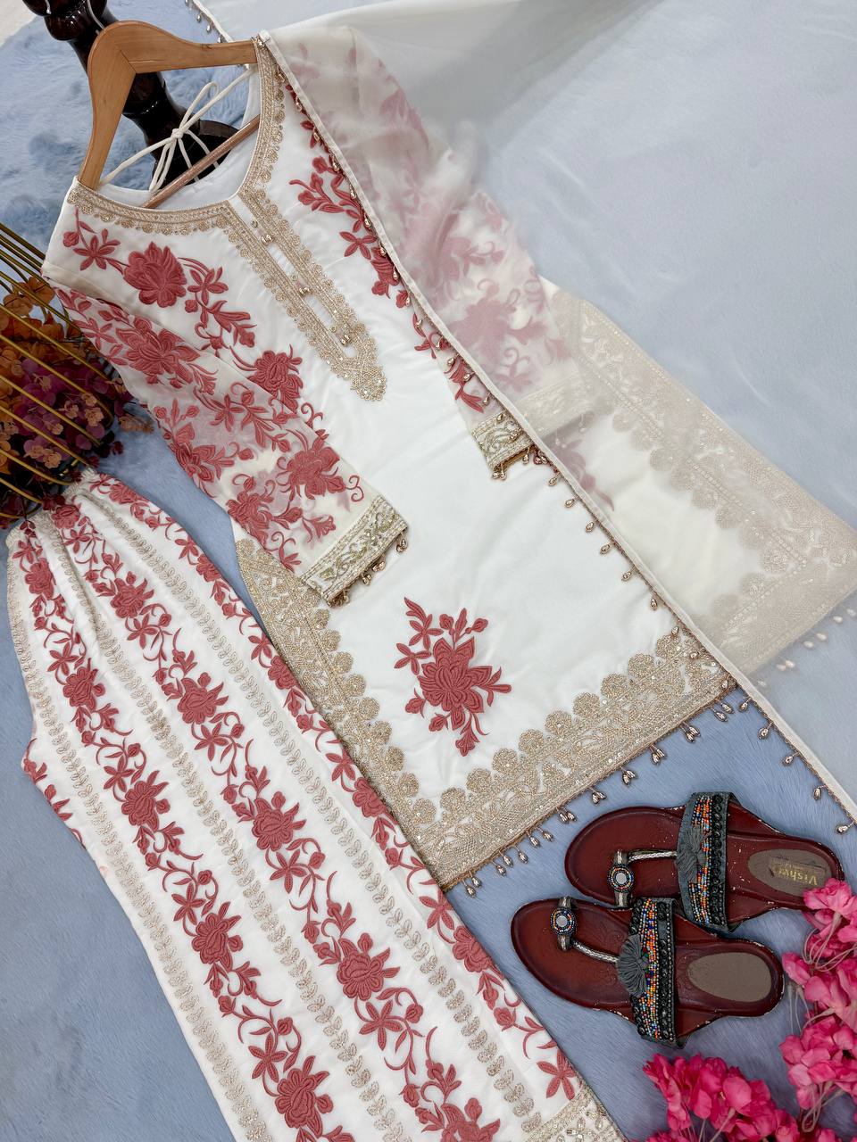 Ruhvika Star Georgette 3mm Sequins Embroidered Kurti with Palazzo & Dupatta Set
