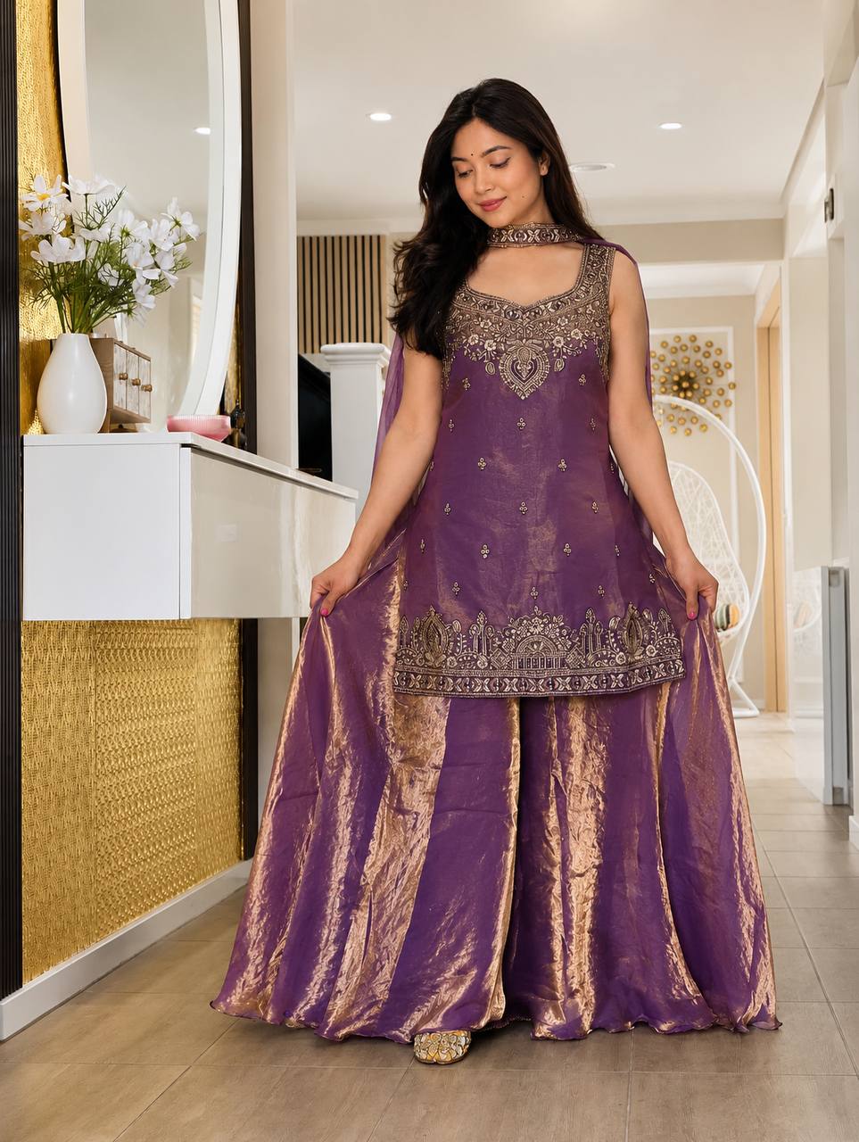 Ishanvi Pure Frendy Silk Handwork Embroidered Kurti sharara with Dupatta Set