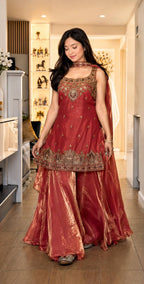 Ishanvi Pure Frendy Silk Handwork Embroidered Kurti sharara with Dupatta Set