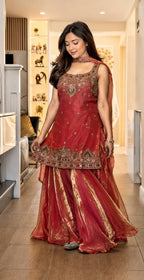 Ishanvi Pure Frendy Silk Handwork Embroidered Kurti sharara with Dupatta Set