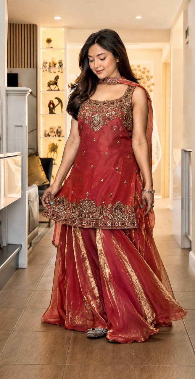 Ishanvi Pure Frendy Silk Handwork Embroidered Kurti sharara with Dupatta Set