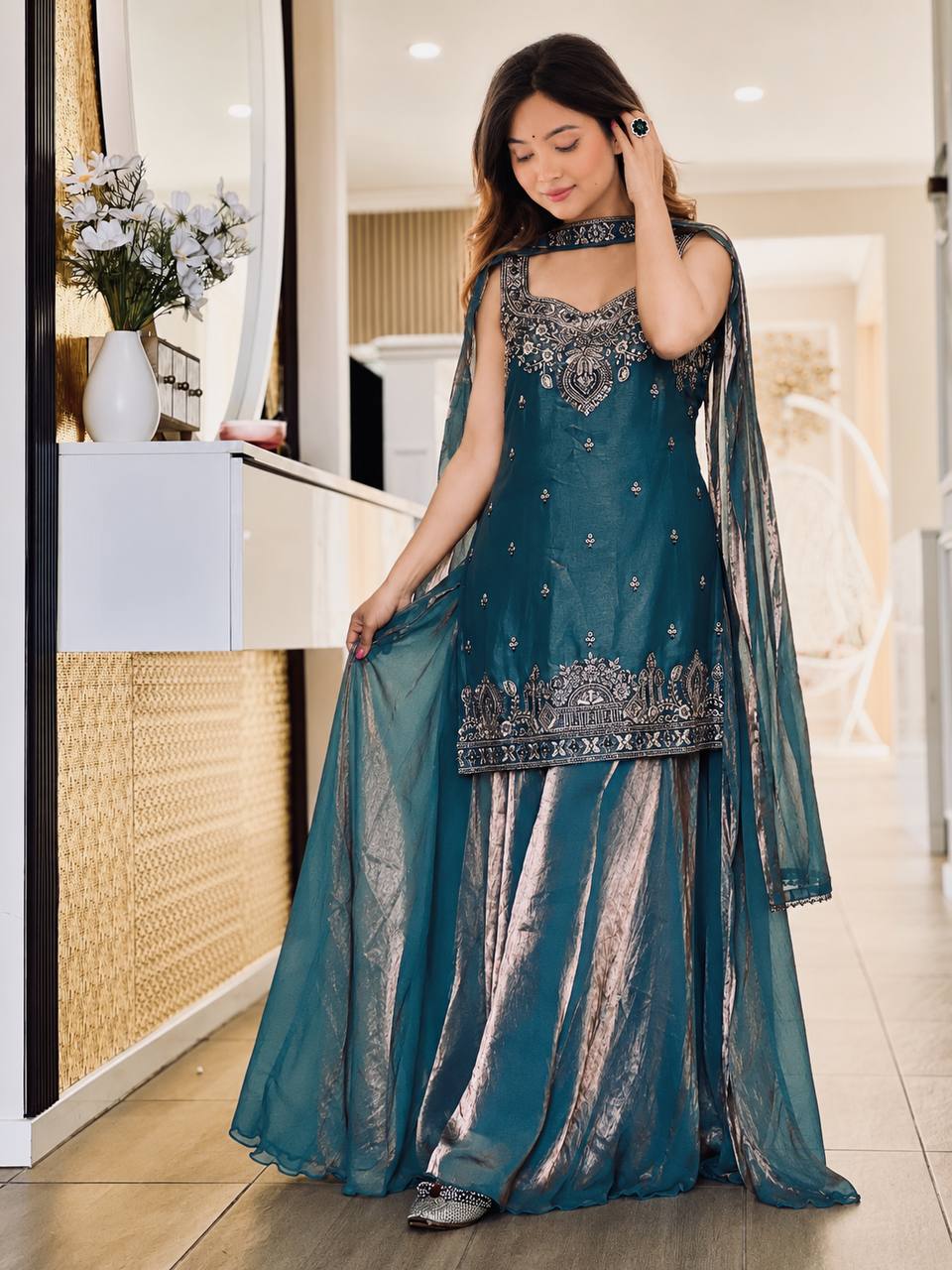 Ishanvi Pure Frendy Silk Handwork Embroidered Kurti sharara with Dupatta Set