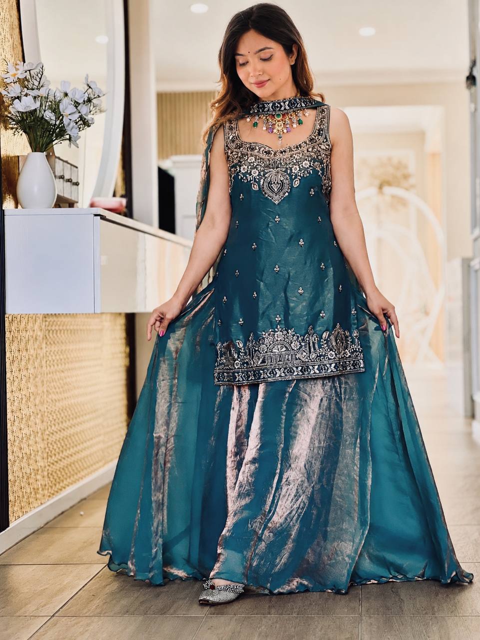 Ishanvi Pure Frendy Silk Handwork Embroidered Kurti sharara with Dupatta Set