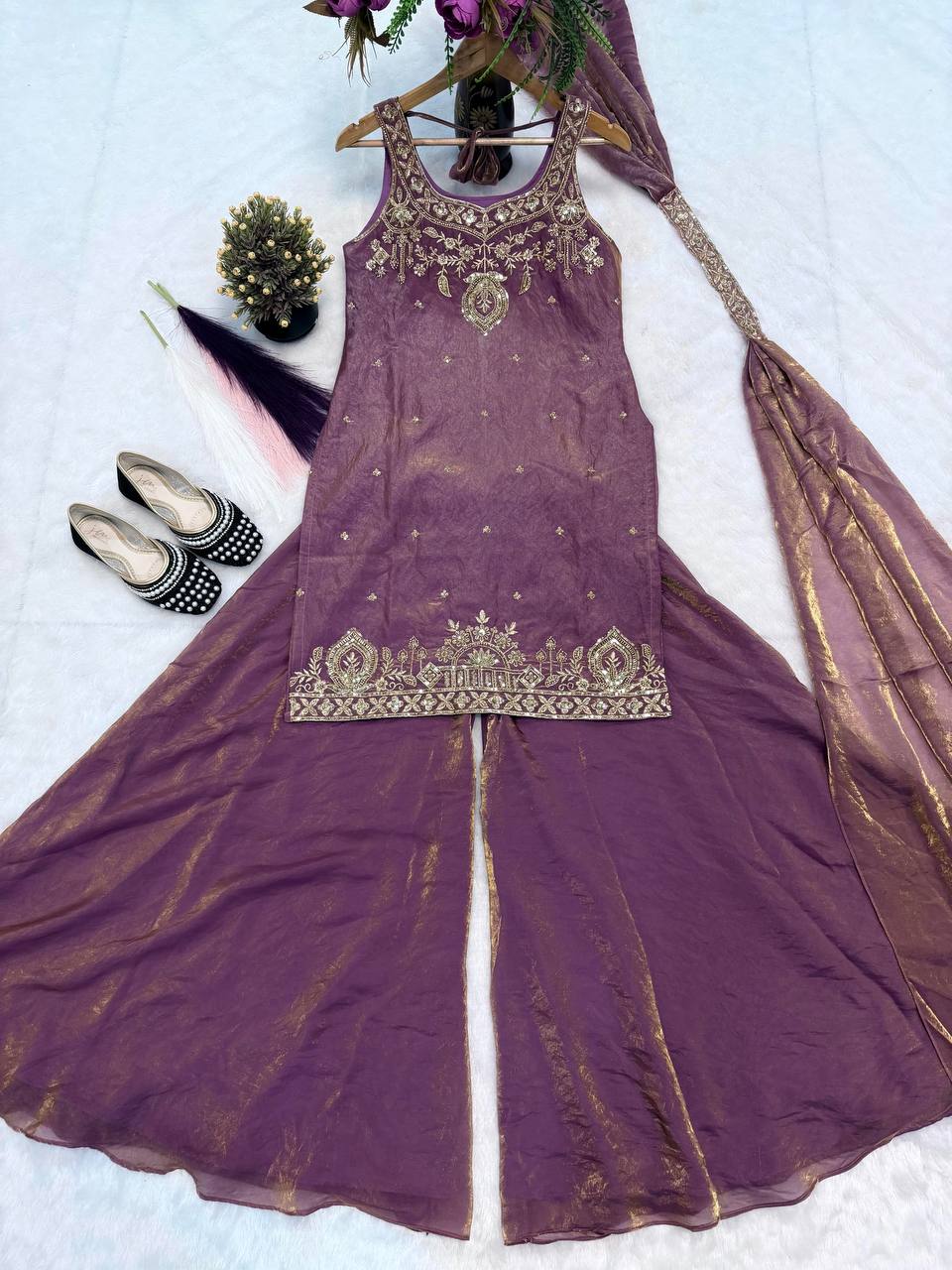 Ishanvi Pure Frendy Silk Handwork Embroidered Kurti sharara with Dupatta Set