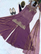 Ishanvi Pure Frendy Silk Handwork Embroidered Kurti sharara with Dupatta Set
