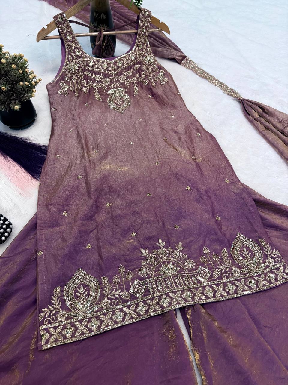 Ishanvi Pure Frendy Silk Handwork Embroidered Kurti sharara with Dupatta Set