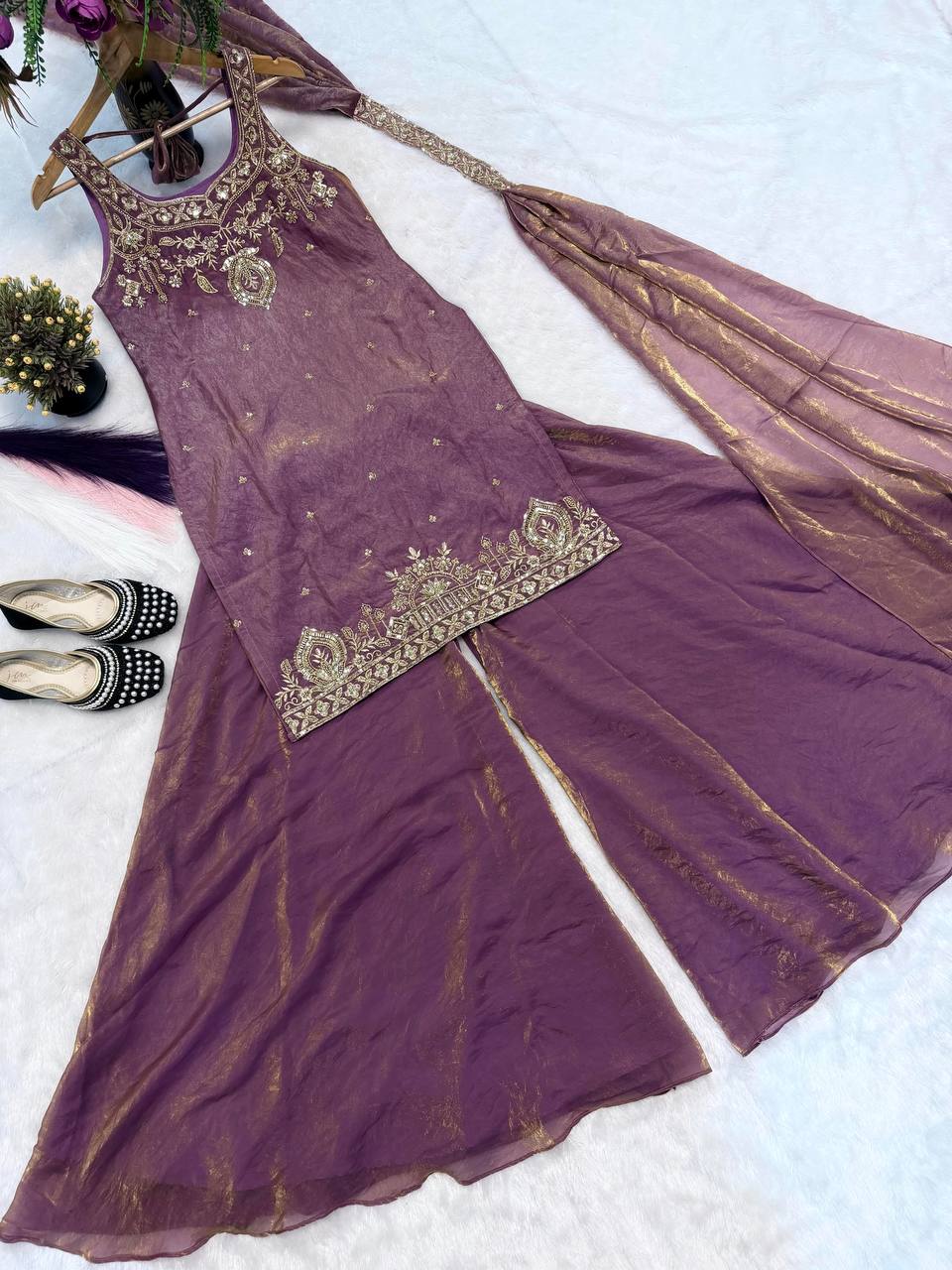 Ishanvi Pure Frendy Silk Handwork Embroidered Kurti sharara with Dupatta Set