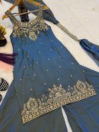 Ishanvi Pure Frendy Silk Handwork Embroidered Kurti sharara with Dupatta Set