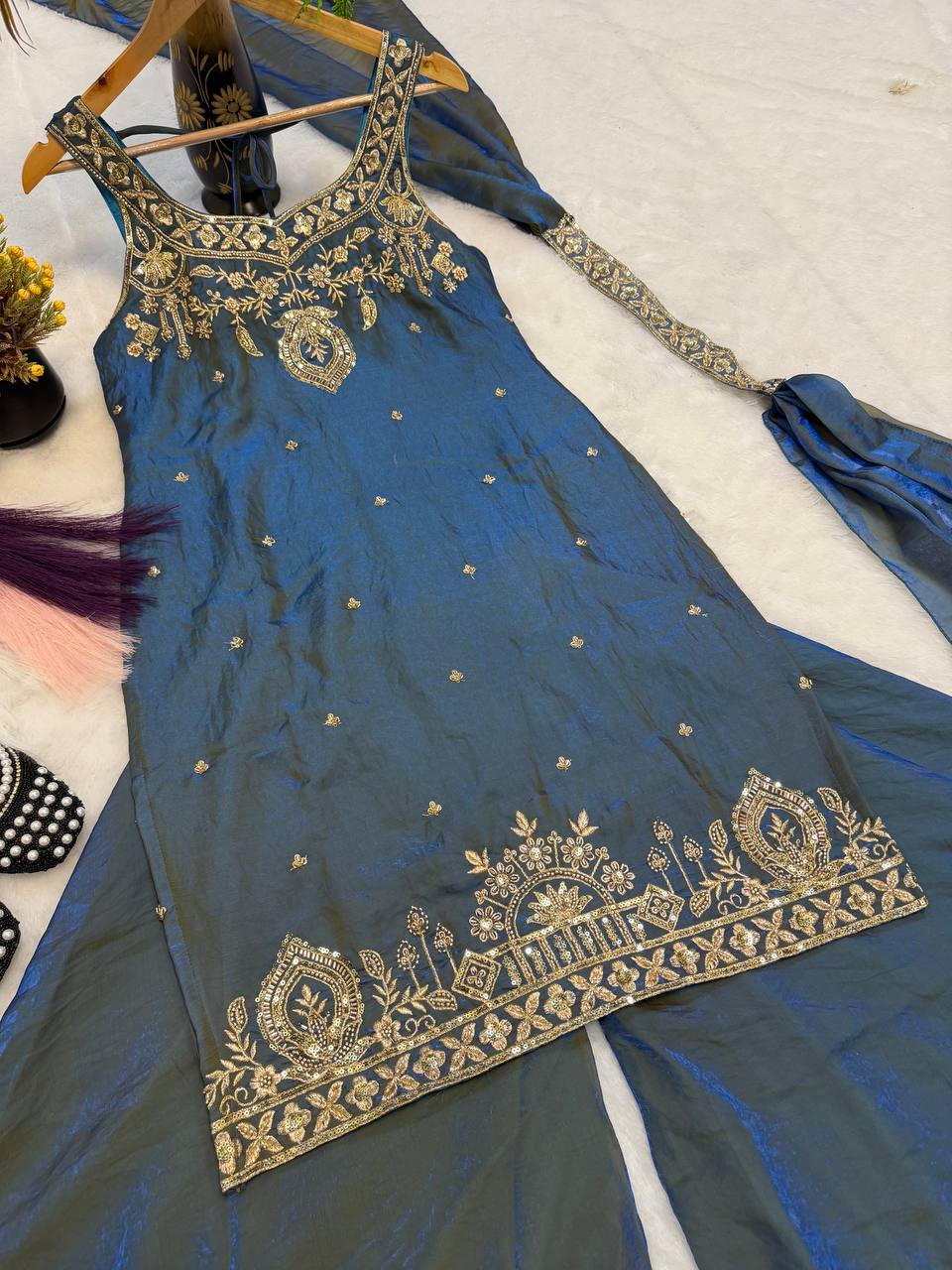 Ishanvi Pure Frendy Silk Handwork Embroidered Kurti sharara with Dupatta Set