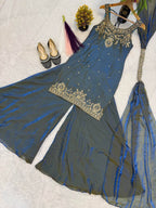 Ishanvi Pure Frendy Silk Handwork Embroidered Kurti sharara with Dupatta Set
