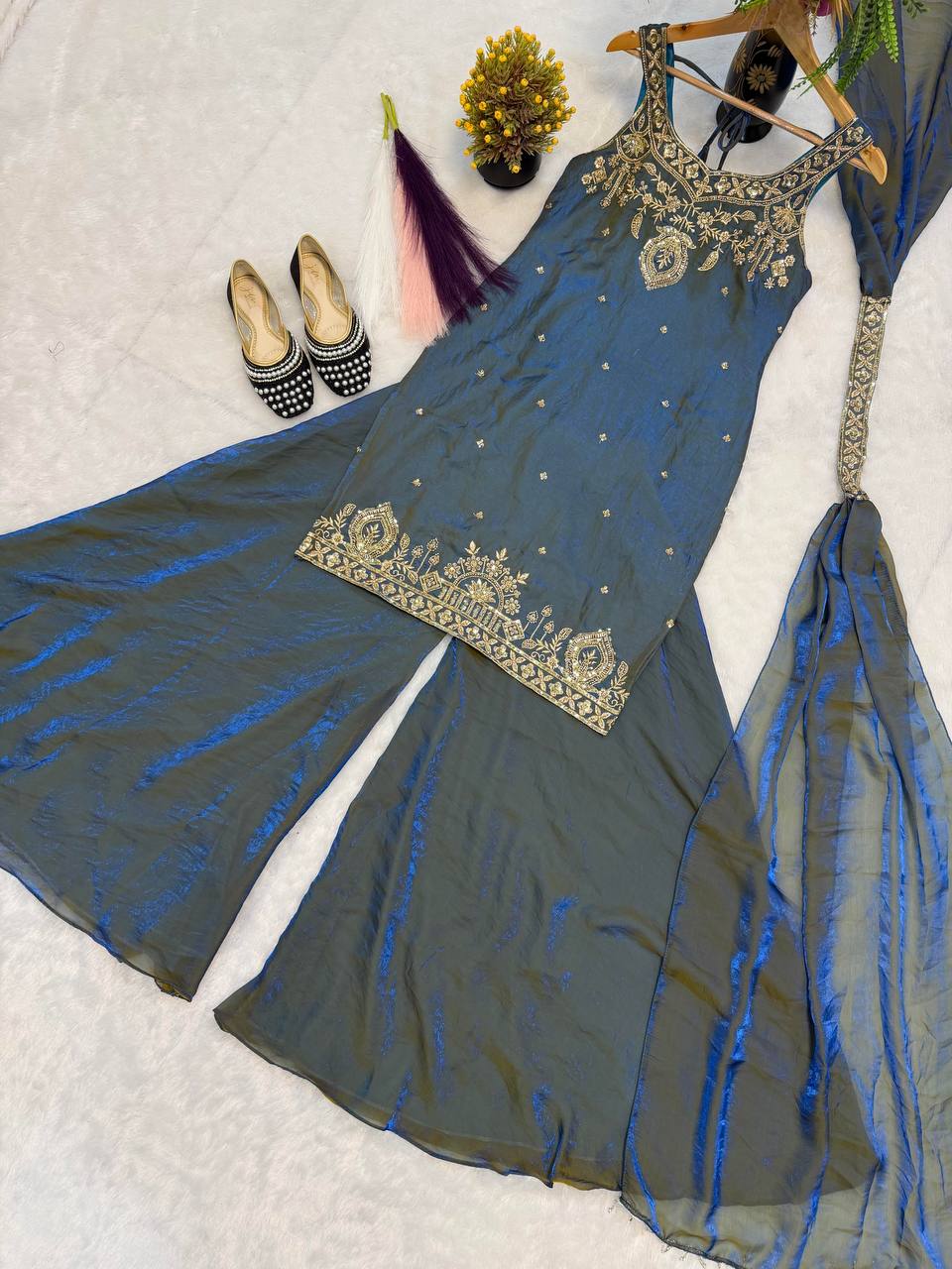 Ishanvi Pure Frendy Silk Handwork Embroidered Kurti sharara with Dupatta Set