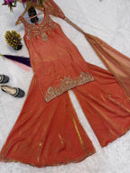 Ishanvi Pure Frendy Silk Handwork Embroidered Kurti sharara with Dupatta Set