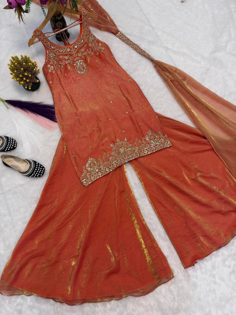 Ishanvi Pure Frendy Silk Handwork Embroidered Kurti sharara with Dupatta Set