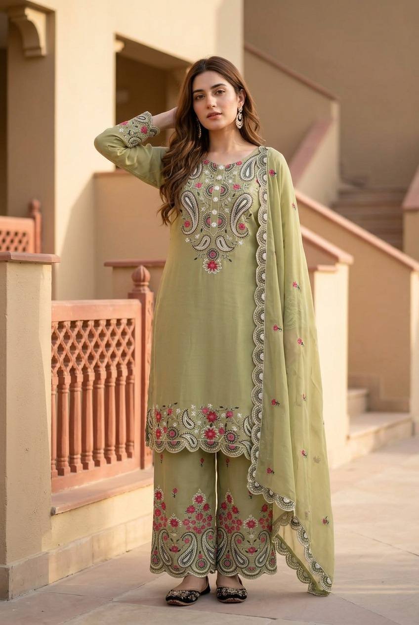 Yashvi Roman Silk Sequins Embroidered Palazzo Suit with Designer Dupatta
