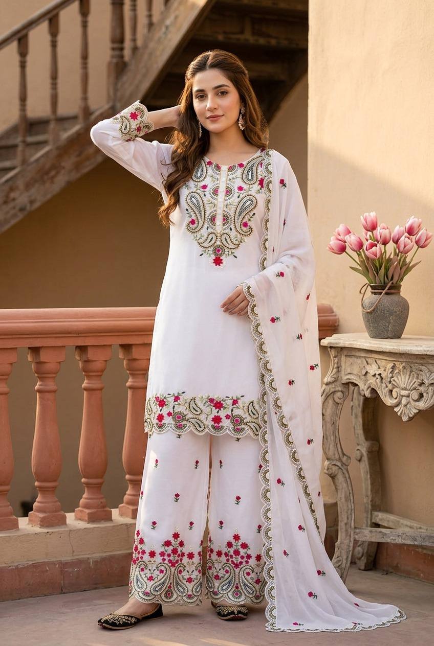 Yashvi Roman Silk Sequins Embroidered Palazzo Suit with Designer Dupatta