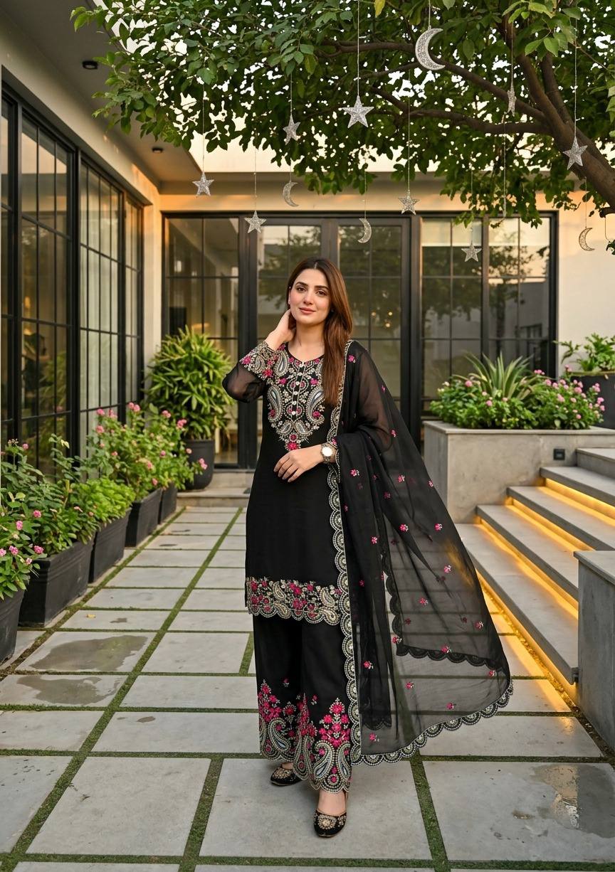 Yashvi Roman Silk Sequins Embroidered Palazzo Suit with Designer Dupatta
