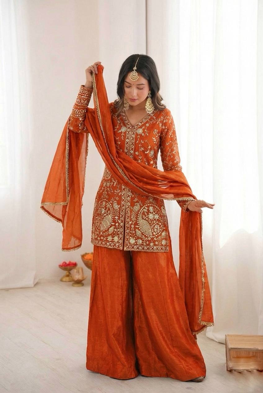 Luxury Fendy Silk Palazzo Set with Readymade Lace Border