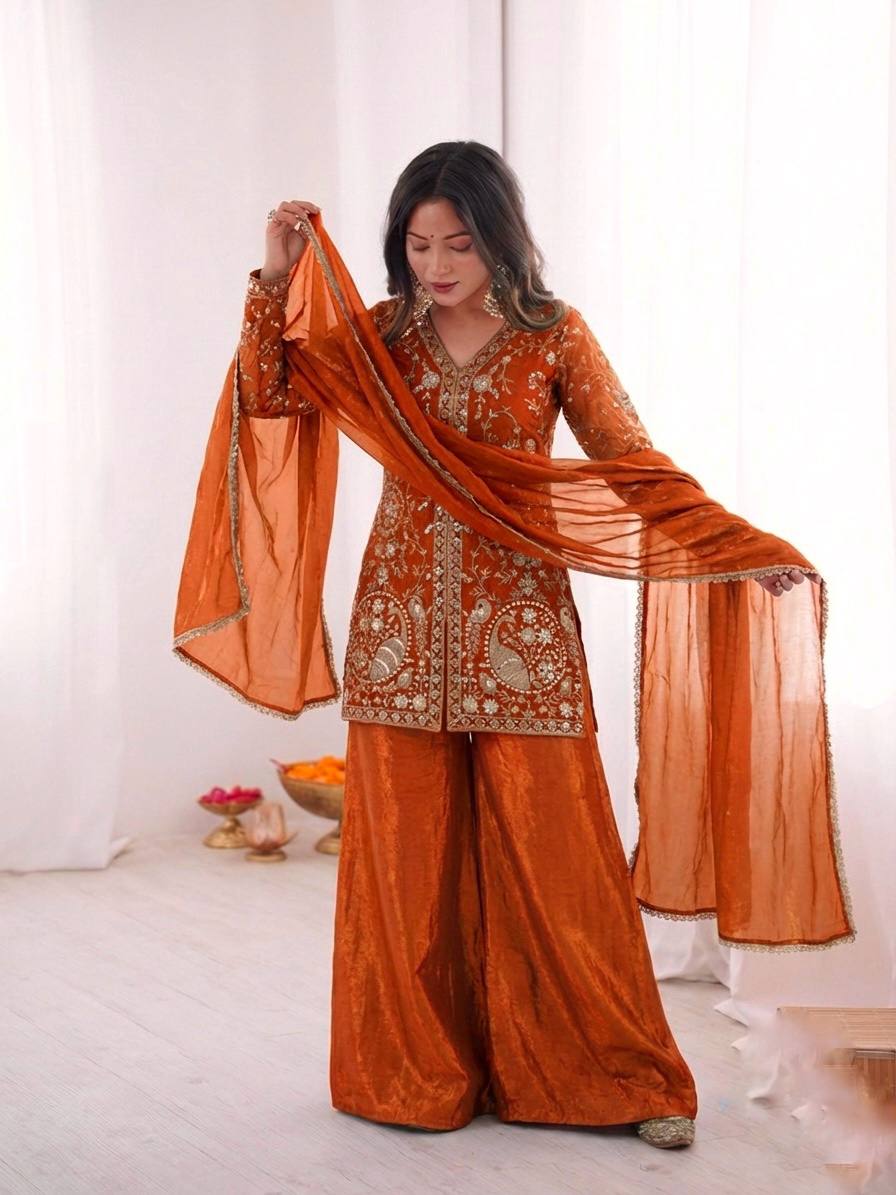 Luxury Fendy Silk Palazzo Set with Readymade Lace Border