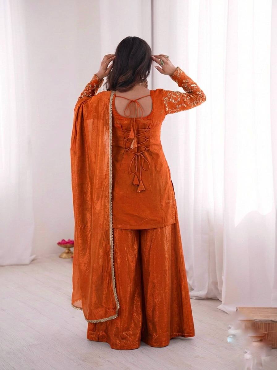 Luxury Fendy Silk Palazzo Set with Readymade Lace Border