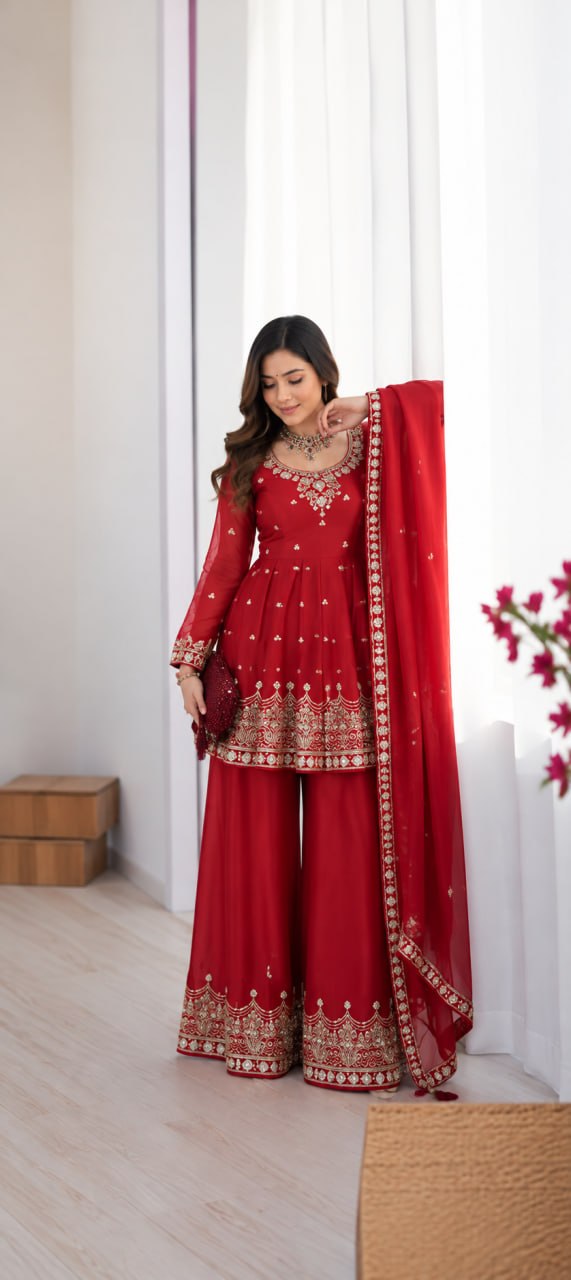 Aashira Fandy Silk Embroidered Kali Flair Top Palazzo Suit with Matching Dupatta