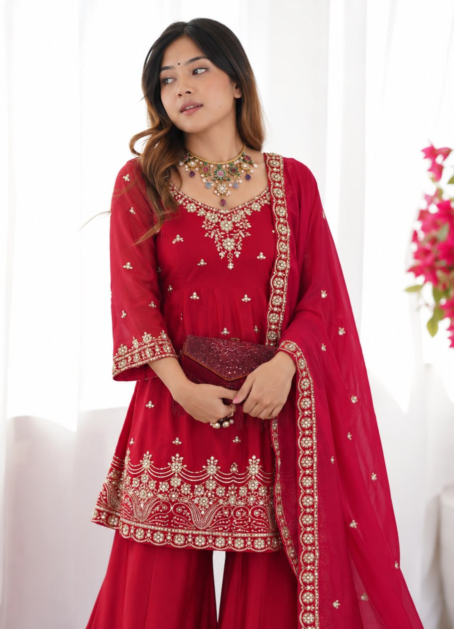Aashira Fandy Silk Embroidered Kali Flair Top Palazzo Suit with Matching Dupatta