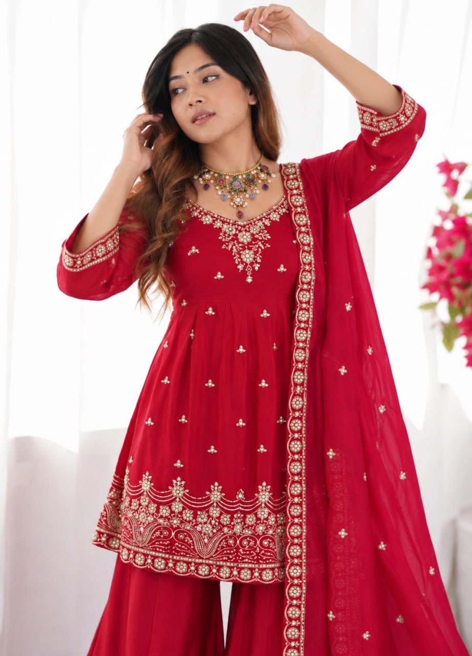 Aashira Fandy Silk Embroidered Kali Flair Top Palazzo Suit with Matching Dupatta