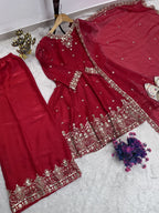 Aashira Fandy Silk Embroidered Kali Flair Top Palazzo Suit with Matching Dupatta