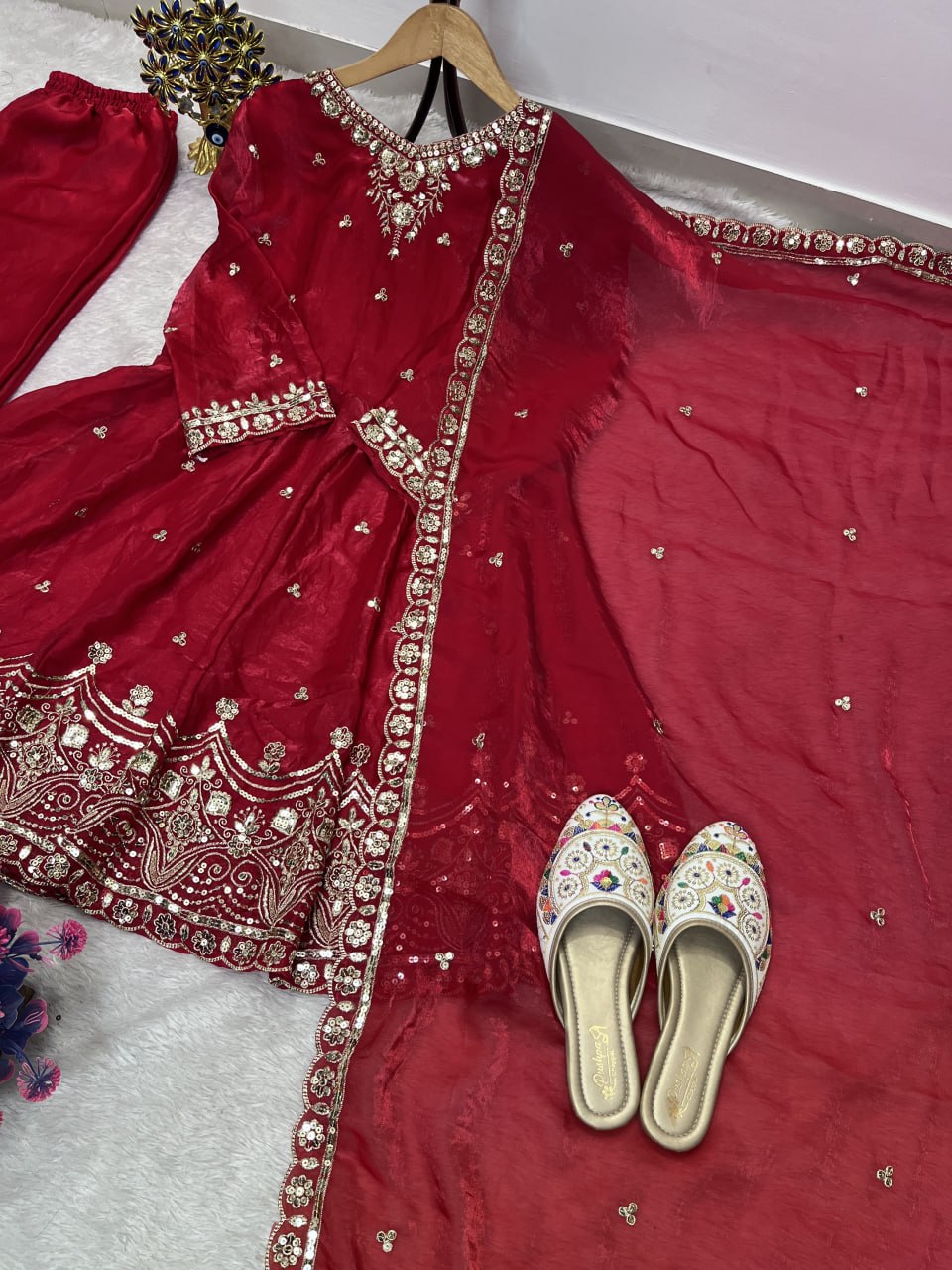 Aashira Fandy Silk Embroidered Kali Flair Top Palazzo Suit with Matching Dupatta