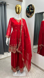 Aashira Fandy Silk Embroidered Kali Flair Top Palazzo Suit with Matching Dupatta