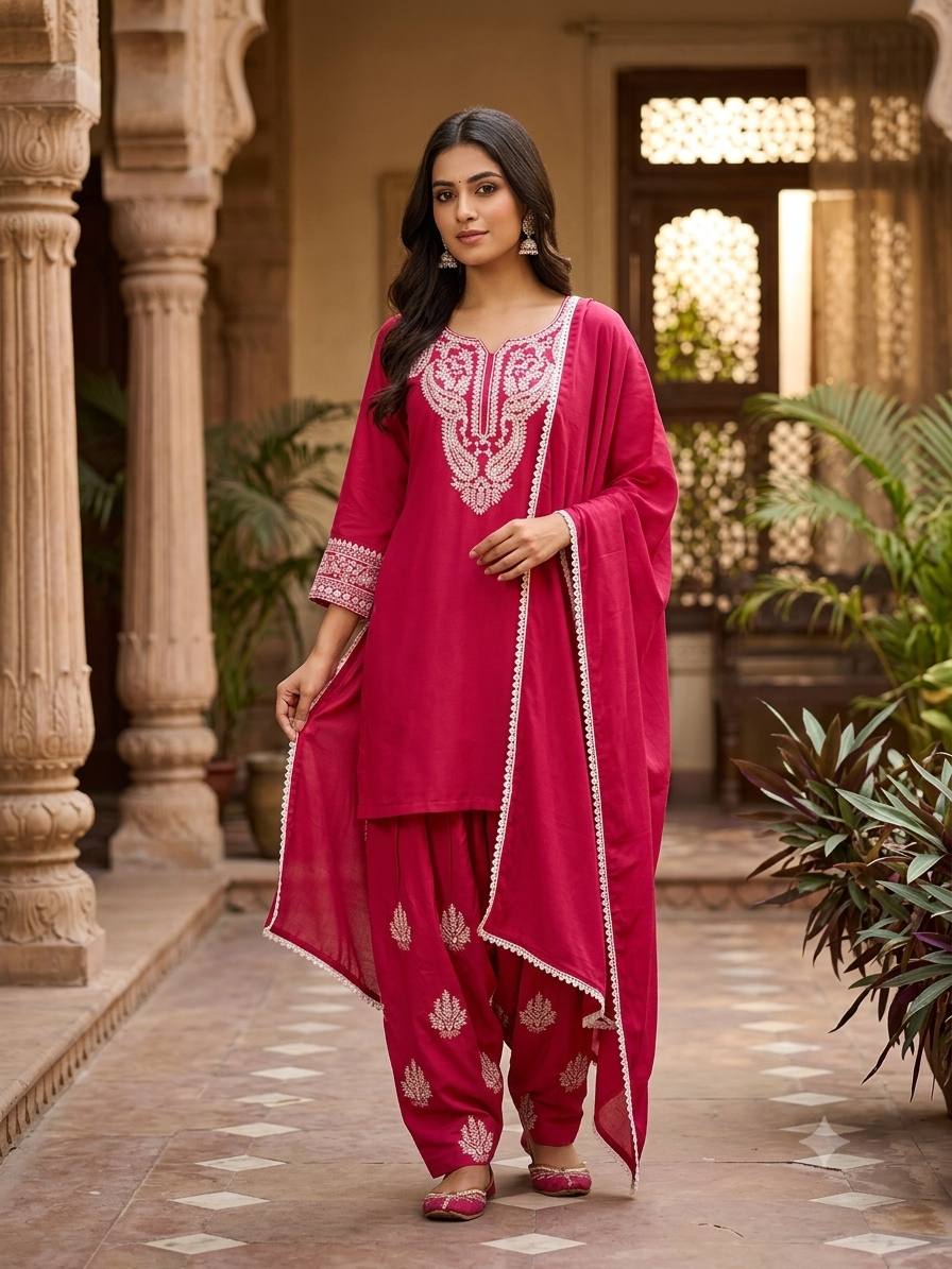 Anaya Silk Farshi Salwar Suit with Embroidered Detailing and Lace Work Dupatta