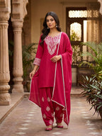 Anaya Silk Farshi Salwar Suit with Embroidered Detailing and Lace Work Dupatta