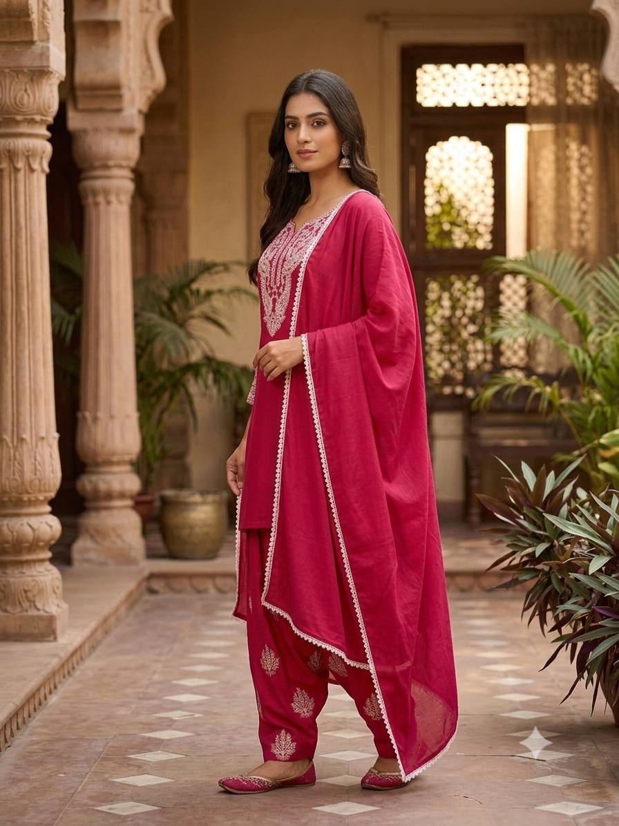 Anaya Silk Farshi Salwar Suit with Embroidered Detailing and Lace Work Dupatta
