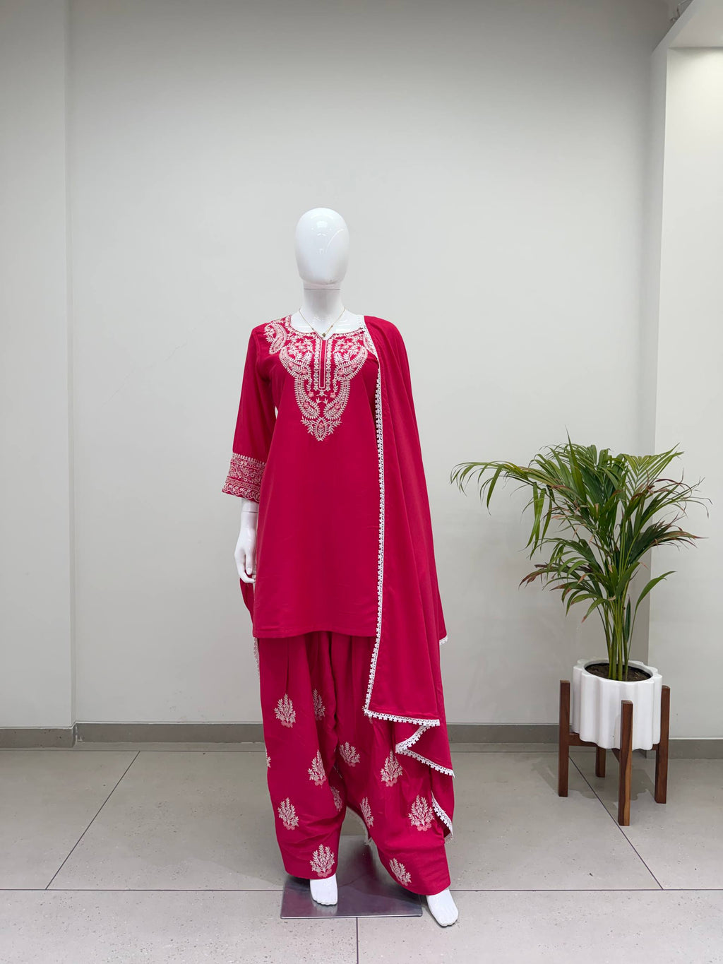 Anaya Silk Farshi Salwar Suit with Embroidered Detailing and Lace Work Dupatta