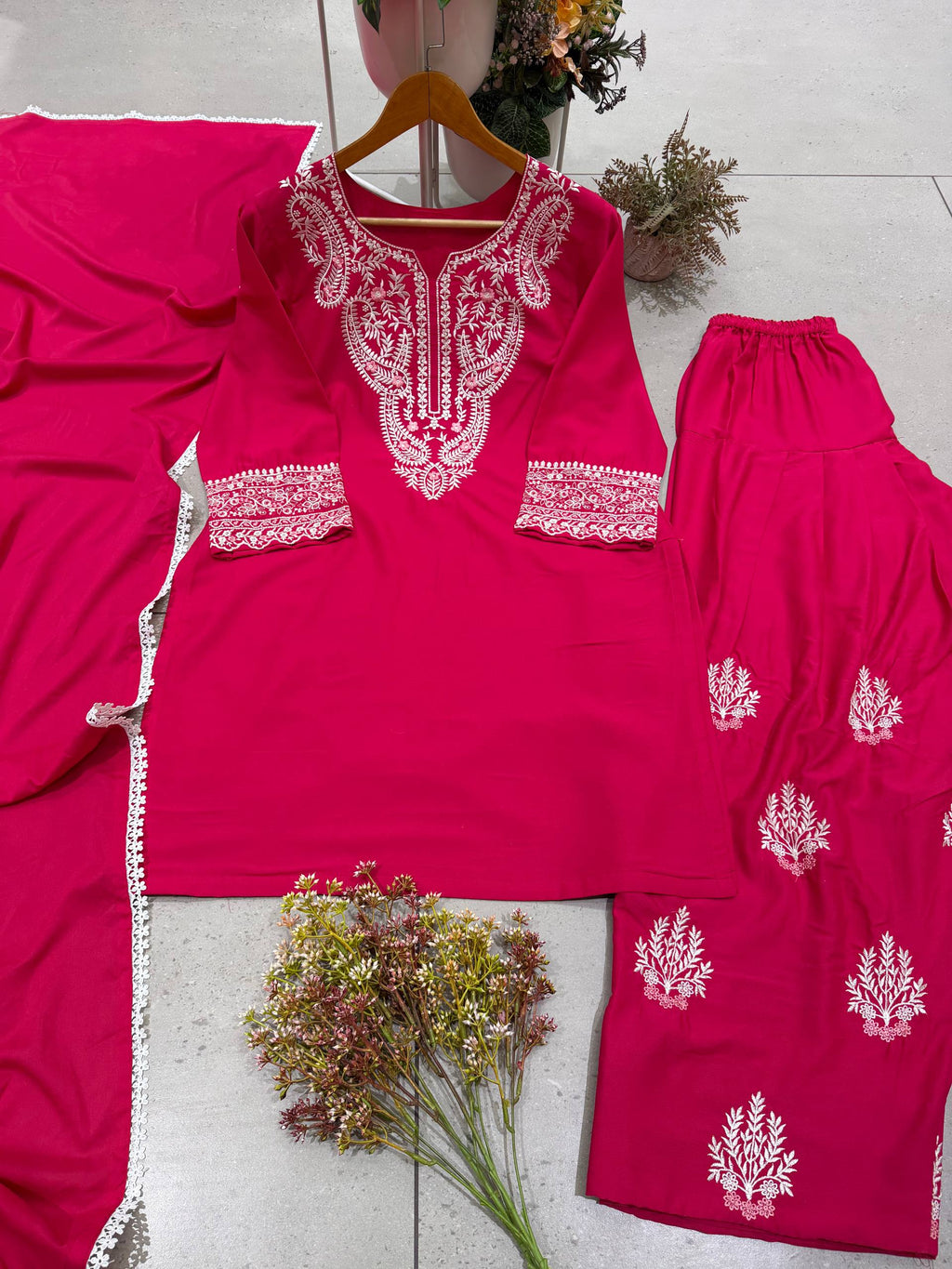 Anaya Silk Farshi Salwar Suit with Embroidered Detailing and Lace Work Dupatta