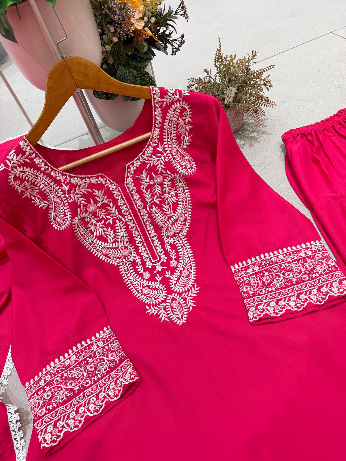 Anaya Silk Farshi Salwar Suit with Embroidered Detailing and Lace Work Dupatta