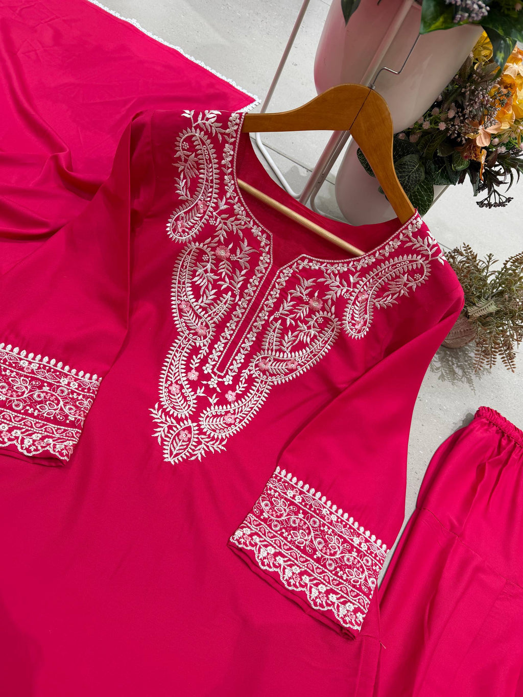 Anaya Silk Farshi Salwar Suit with Embroidered Detailing and Lace Work Dupatta