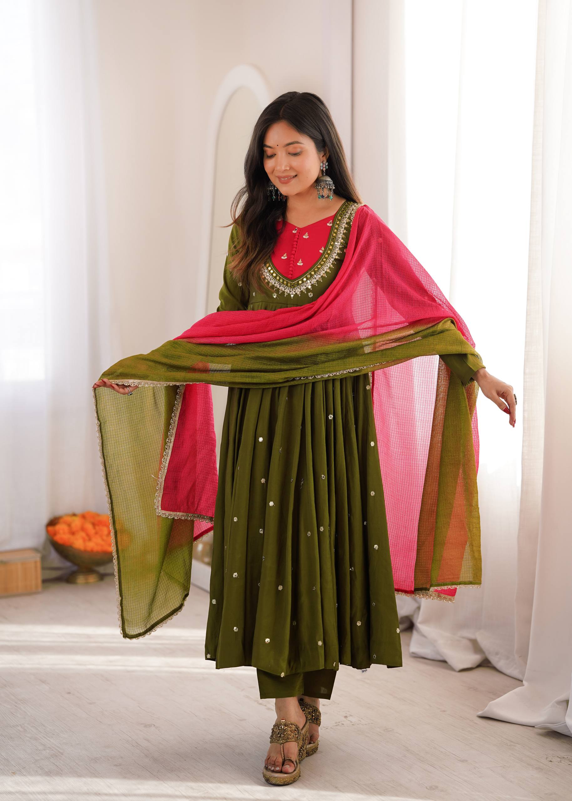 Designer Roman Silk Gown with Real Mirror Embroidery and Dupatta